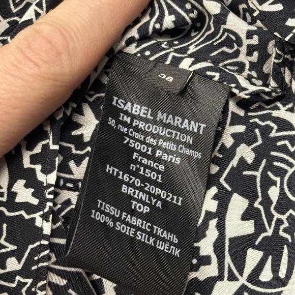 Isabel Marant Top Womens 38 Black White Silk Brinlya Paisley Print Short Sleeve - Picture 6 of 11
